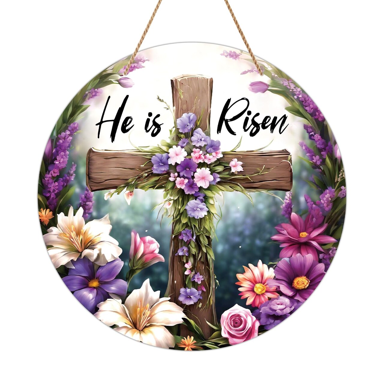He is Risen Sign Wreath for Front Door Decor Religious Cross Easter Hanging Door Decorations, Farmhouse Flower He is Risen Door Sign Hanger for Home Spring Wall Indoor Outdoor Decorations